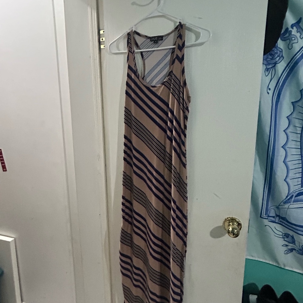 Elegant Beige and Navy Striped Maxi Dress